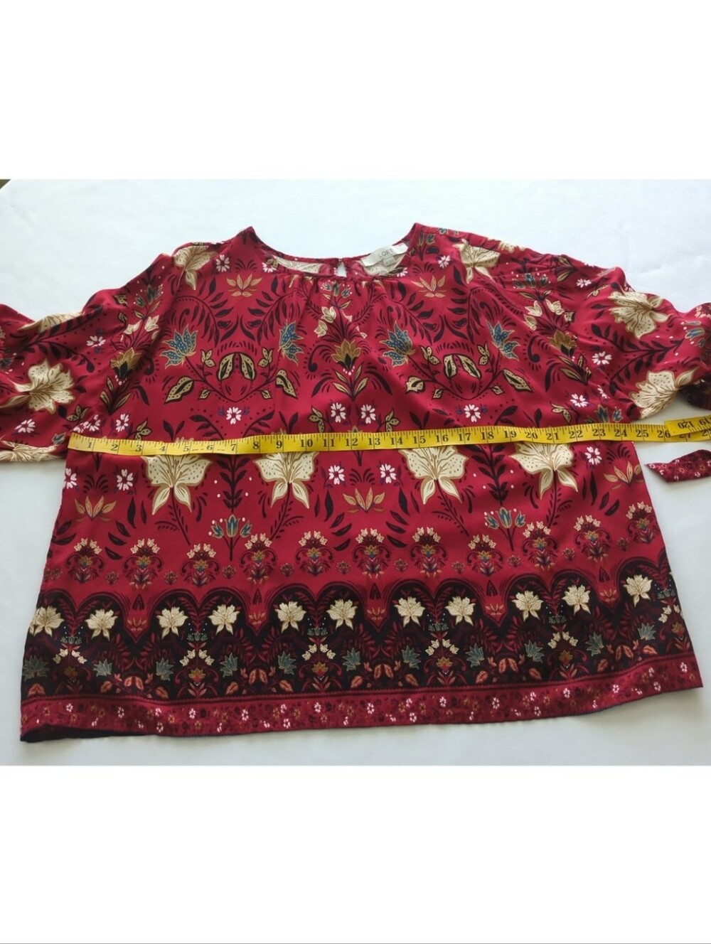 Loft Red w Cream Brown Black Floral Long Sleeve Tie Cuffs Pullover Top Size XL - Picture 5 of 9